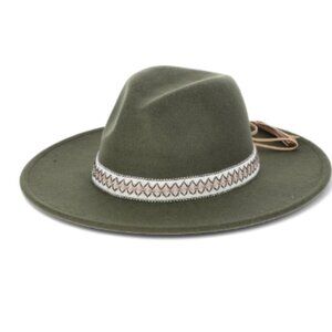 NEW Olive Felt Fedora Hat with Decorative Woven Fabric & Faux Suede Hat Band.
